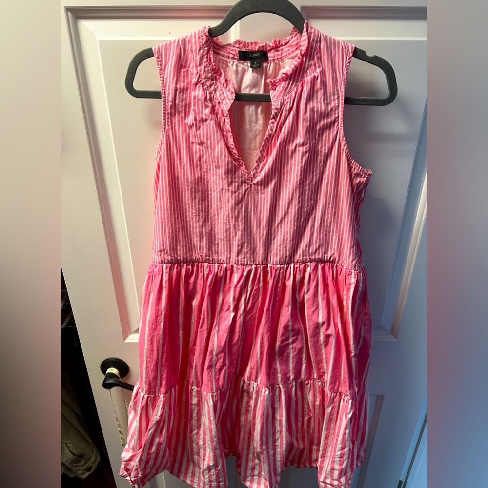 J. Crew Striped Tiered Dress Sleeveless Pink Summer Popover Ruffleneck